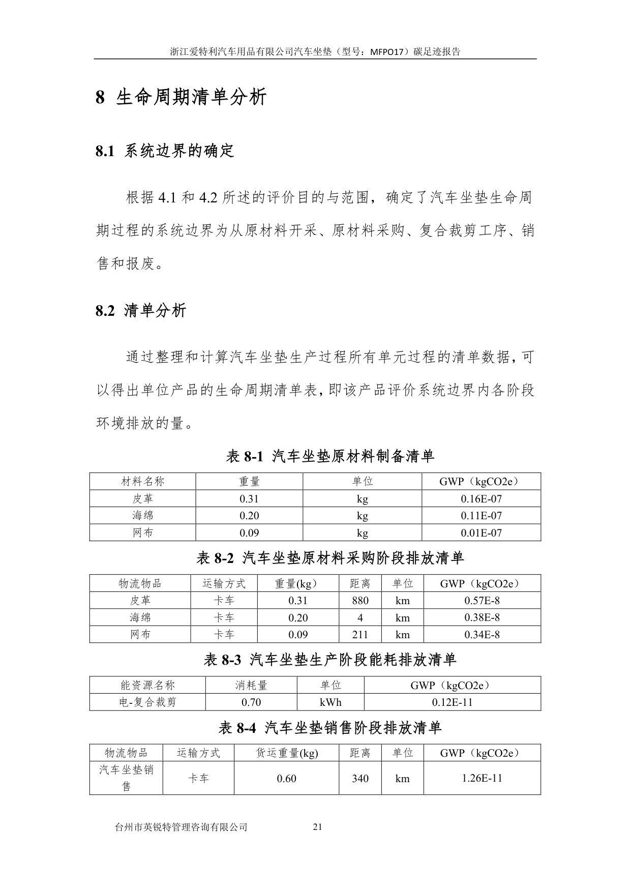 浙江爱特利汽车用品有限公司 汽车坐垫（型号：MFPO17）碳足迹核查报告