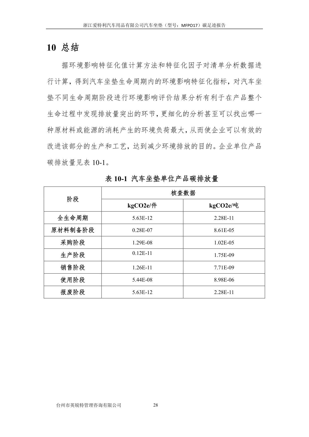 浙江爱特利汽车用品有限公司 汽车坐垫（型号：MFPO17）碳足迹核查报告